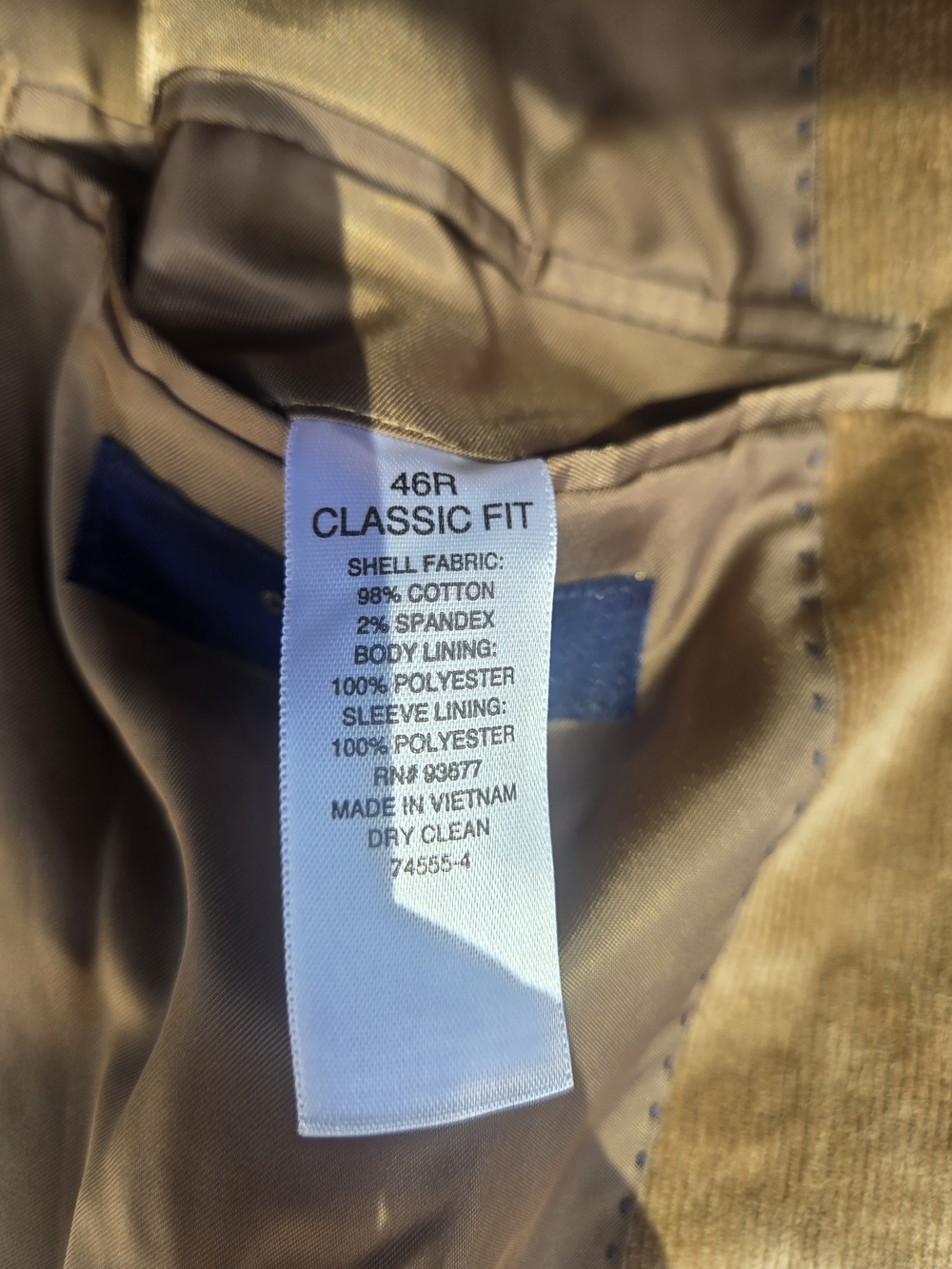 Stafford Men's Tan Corduroy Sport Coat 46R Classic Fit - Picture 14 of 14
